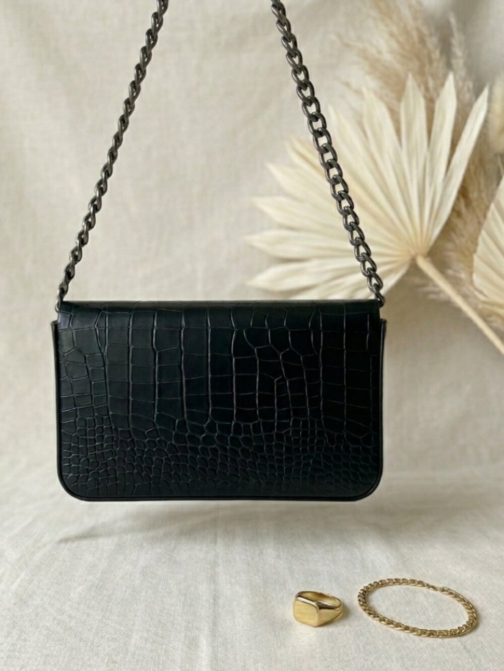 Black Crocodile Embossed Crossbody Bag Chain Strap Vegan Leather Clutch - Picture 1 of 8